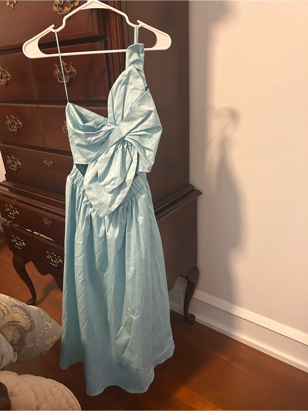 One-Shoulder Light Blue Formal Dress with Statement Bow